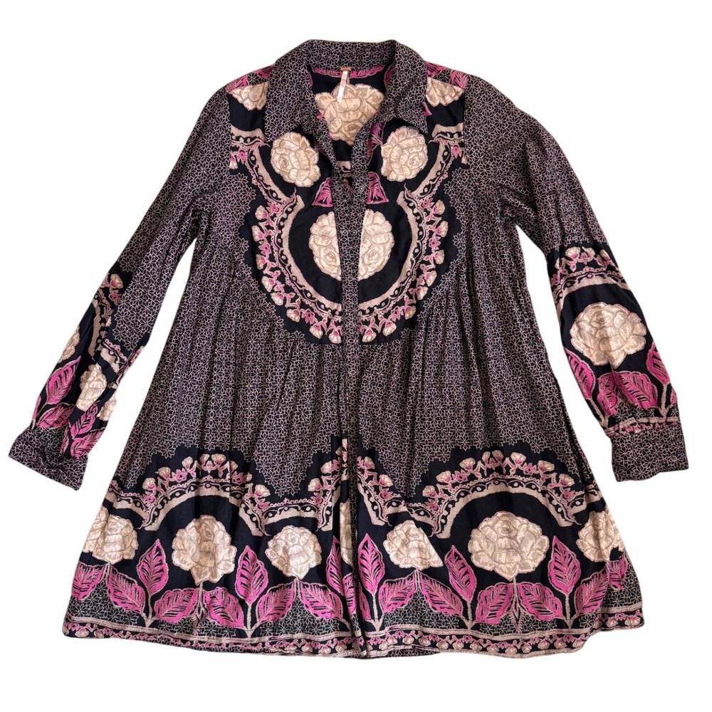 Free People Medallion Floral Button Down Mini Dress Black Pink XS Boho Relaxed